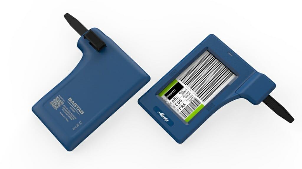 a blue device with a barcode label