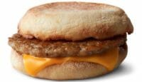 a breakfast sandwich with cheese and sausage