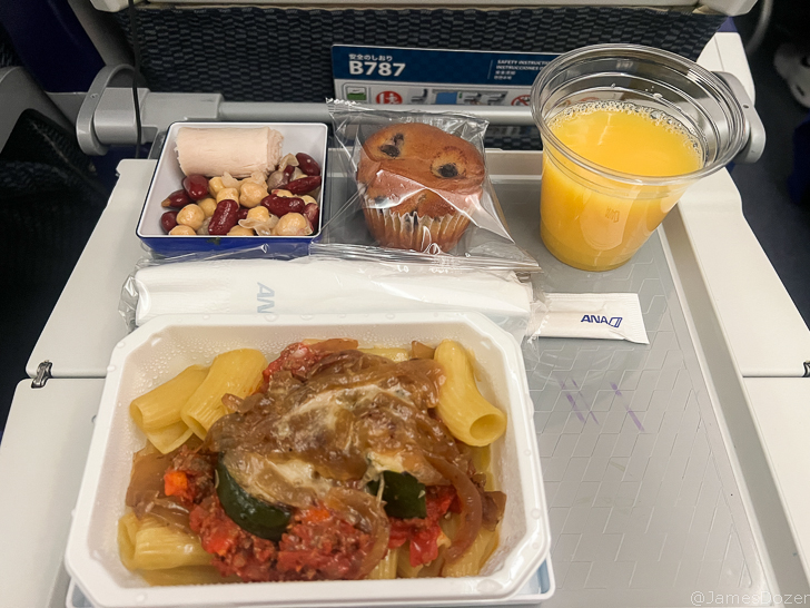 a tray of food and a muffin on a tray