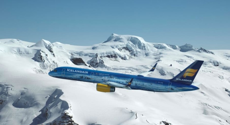 a plane flying over snowy mountains