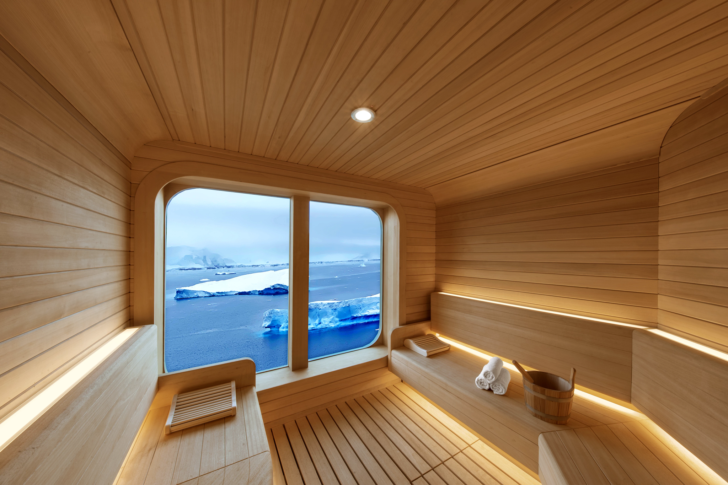 a room with a window and ice in the background