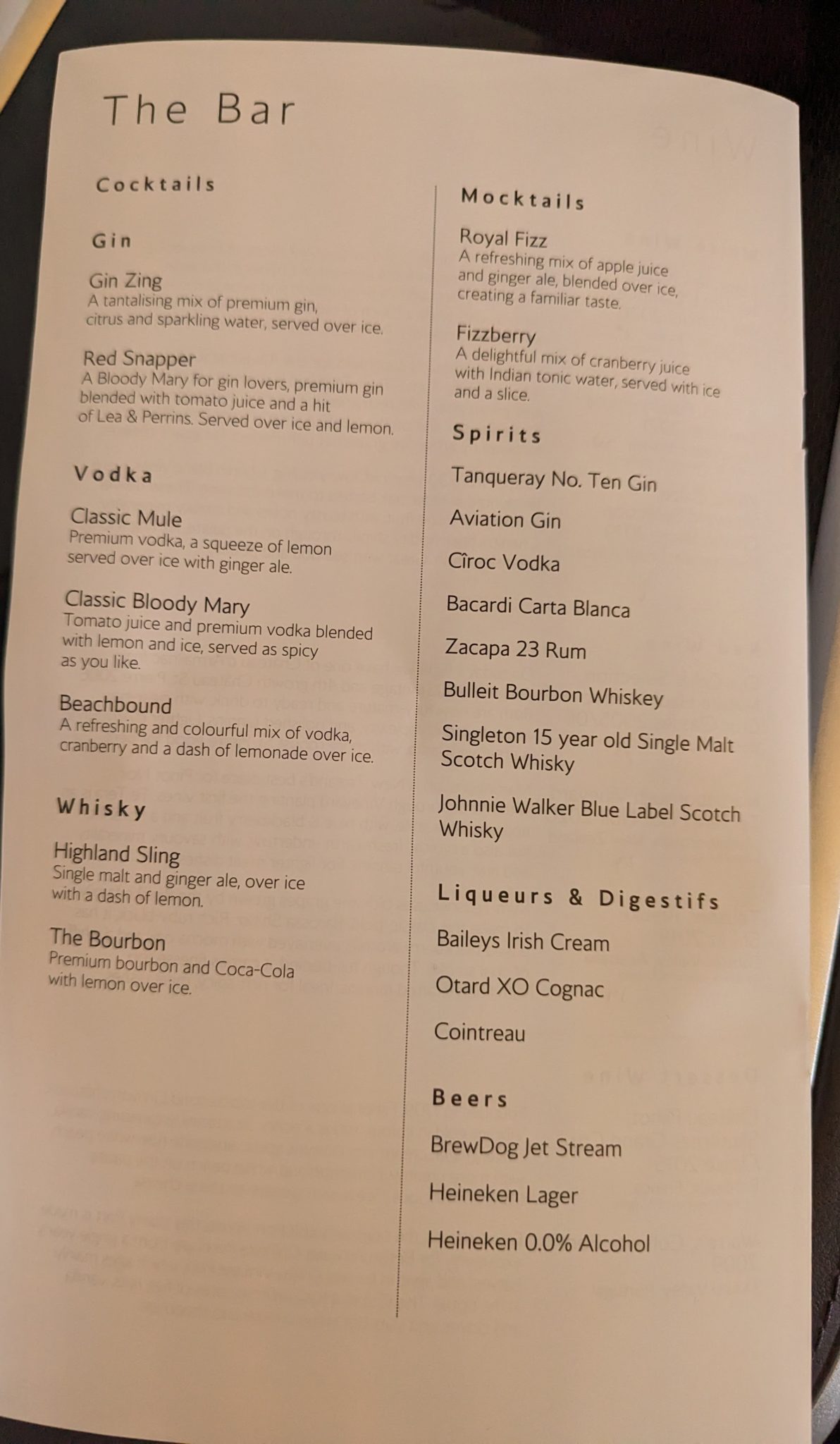 a menu of a drink