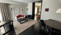 a living room with a couch and a table