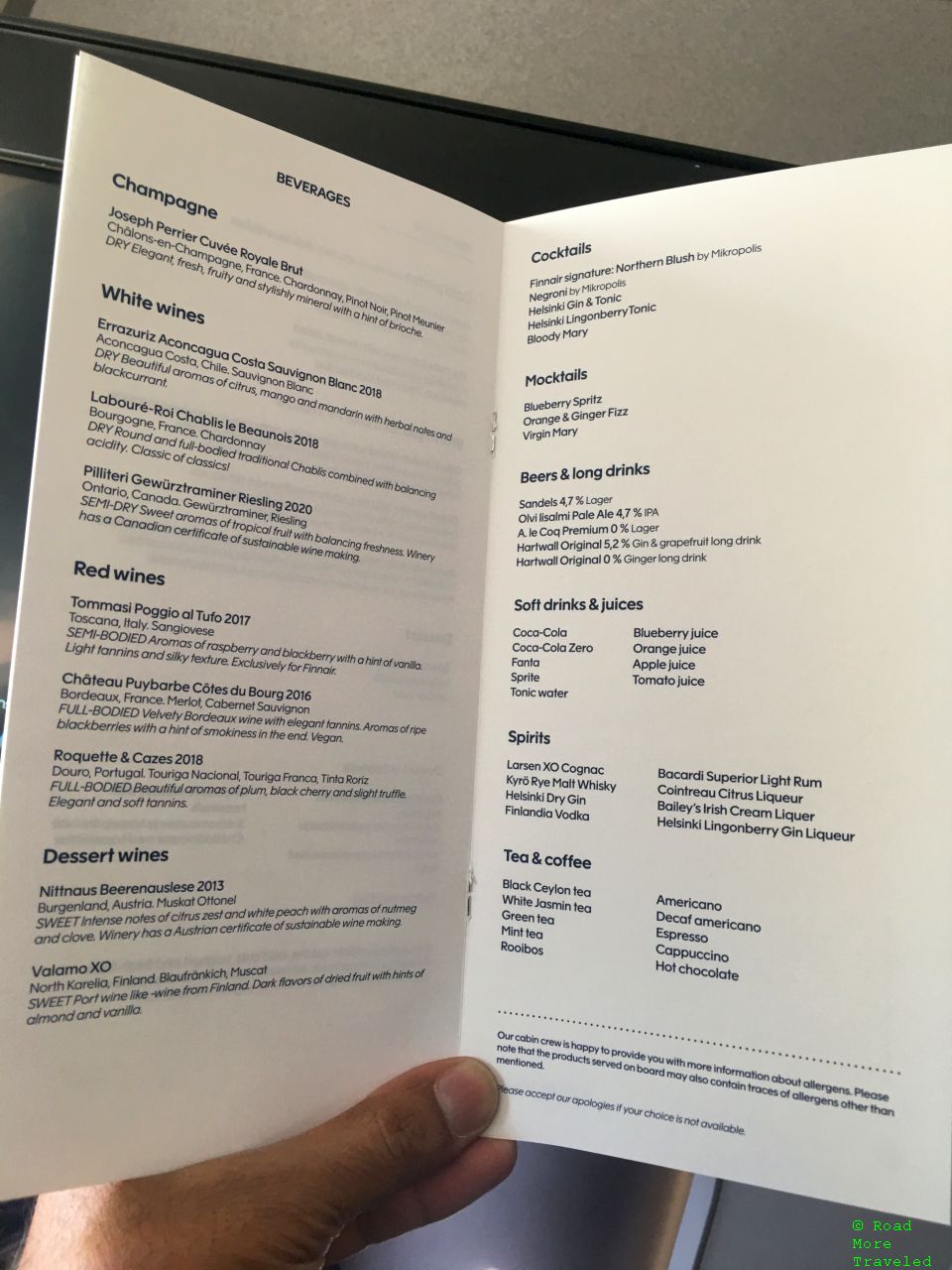 Finnnair A350-900 Business Class - menu
