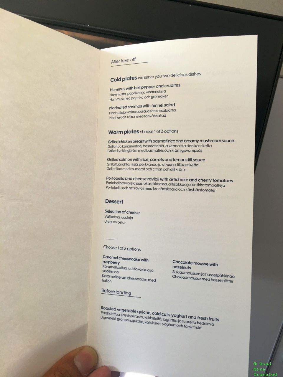 Finnair Business Class menu