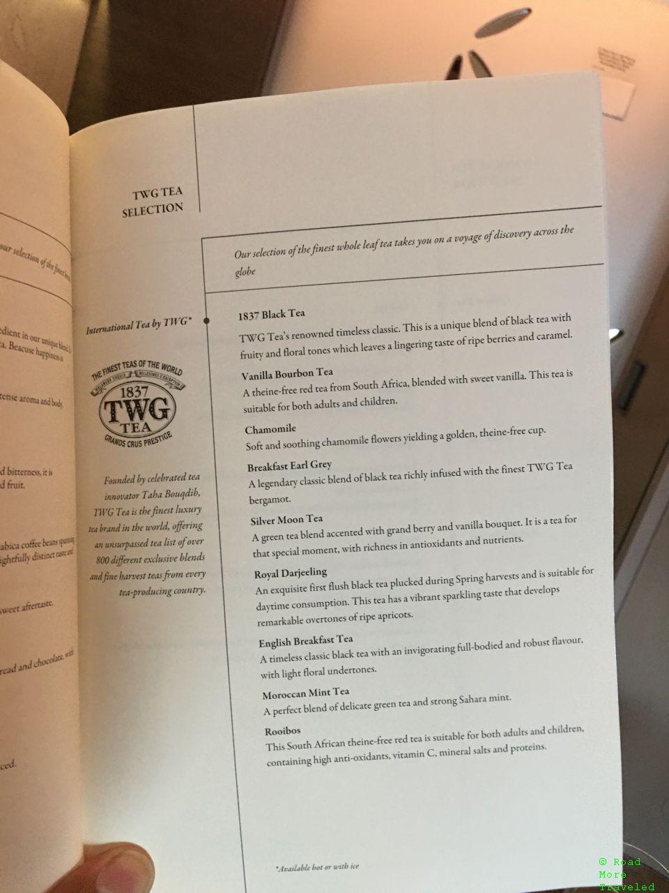 SQ A380 Suites - tea selection