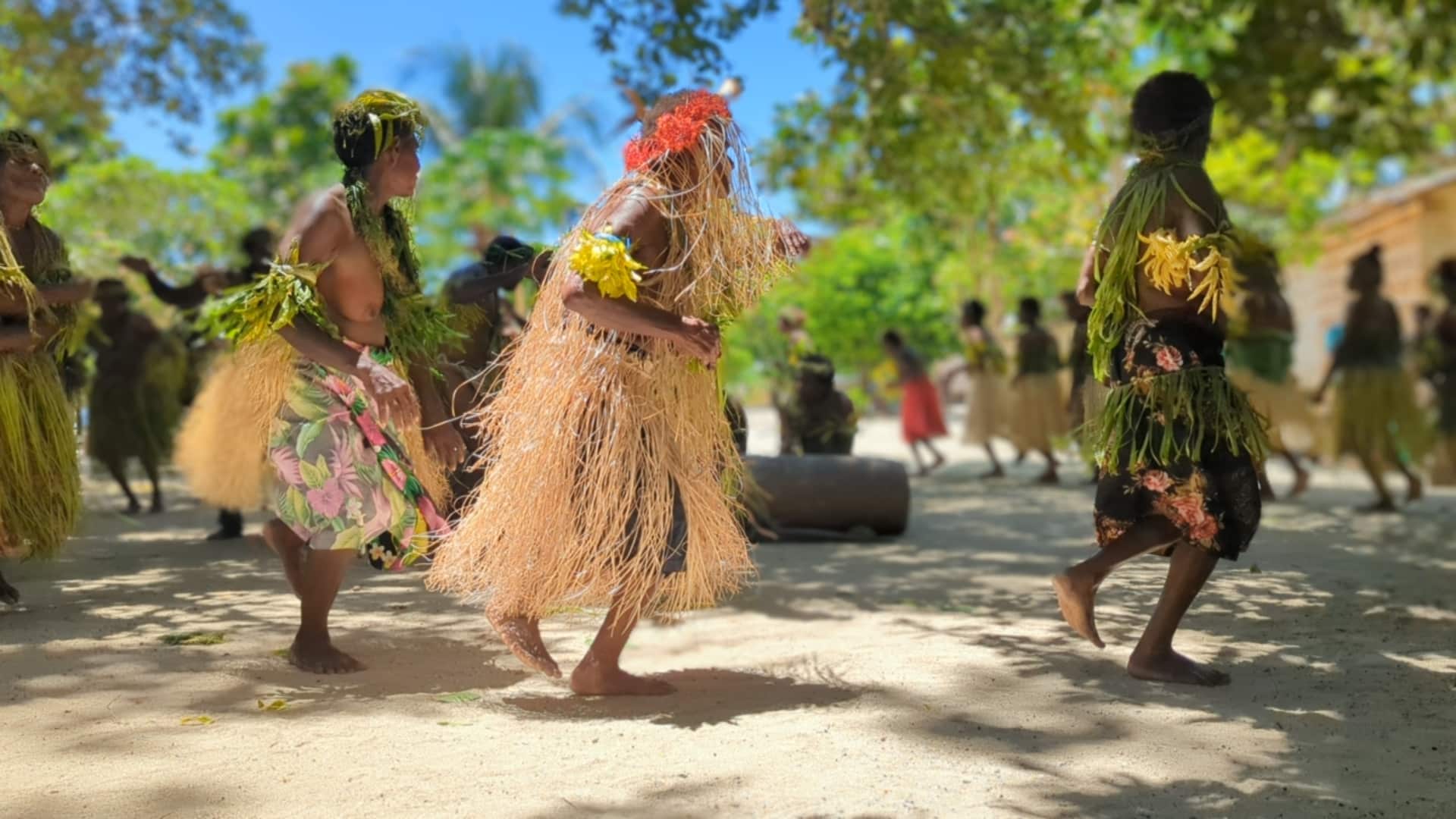 a group of people dancing in grass