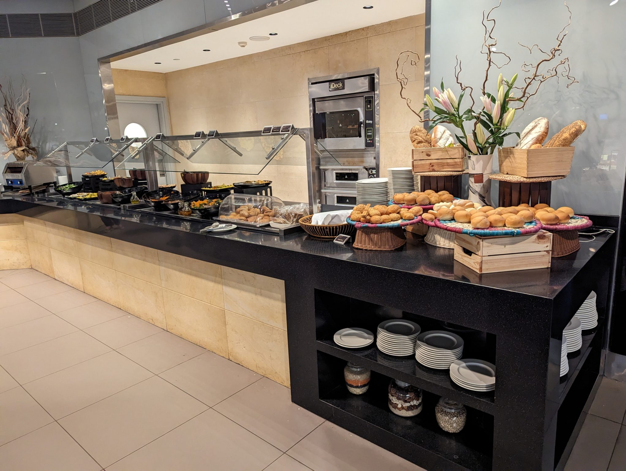 a buffet with food on it