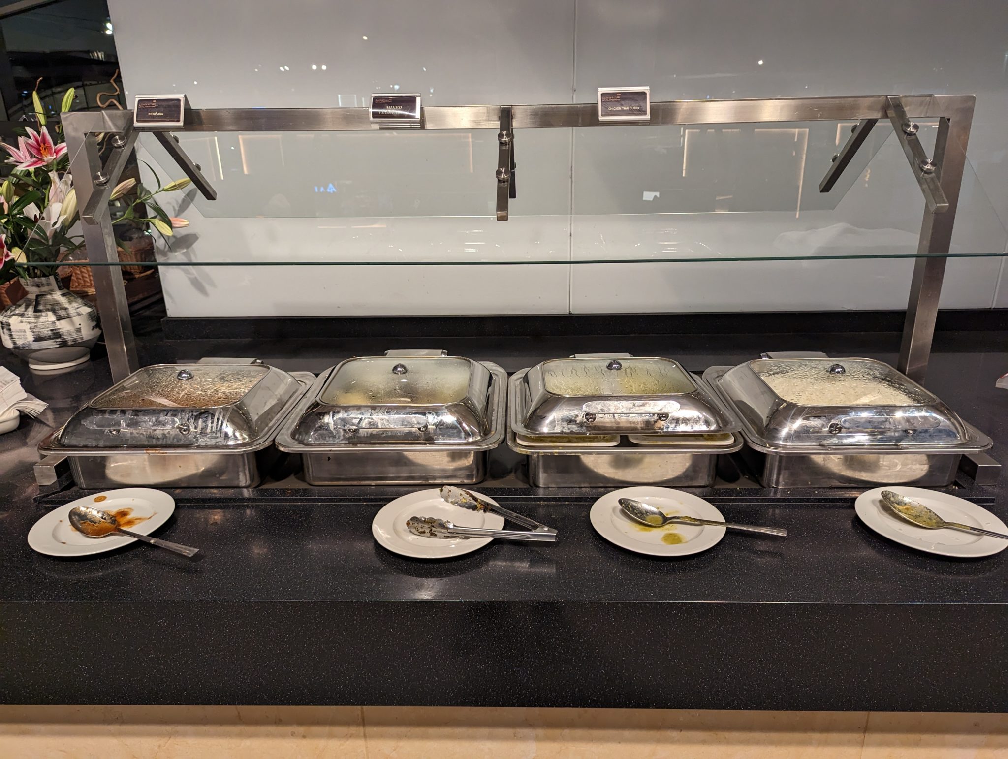 a buffet line of food