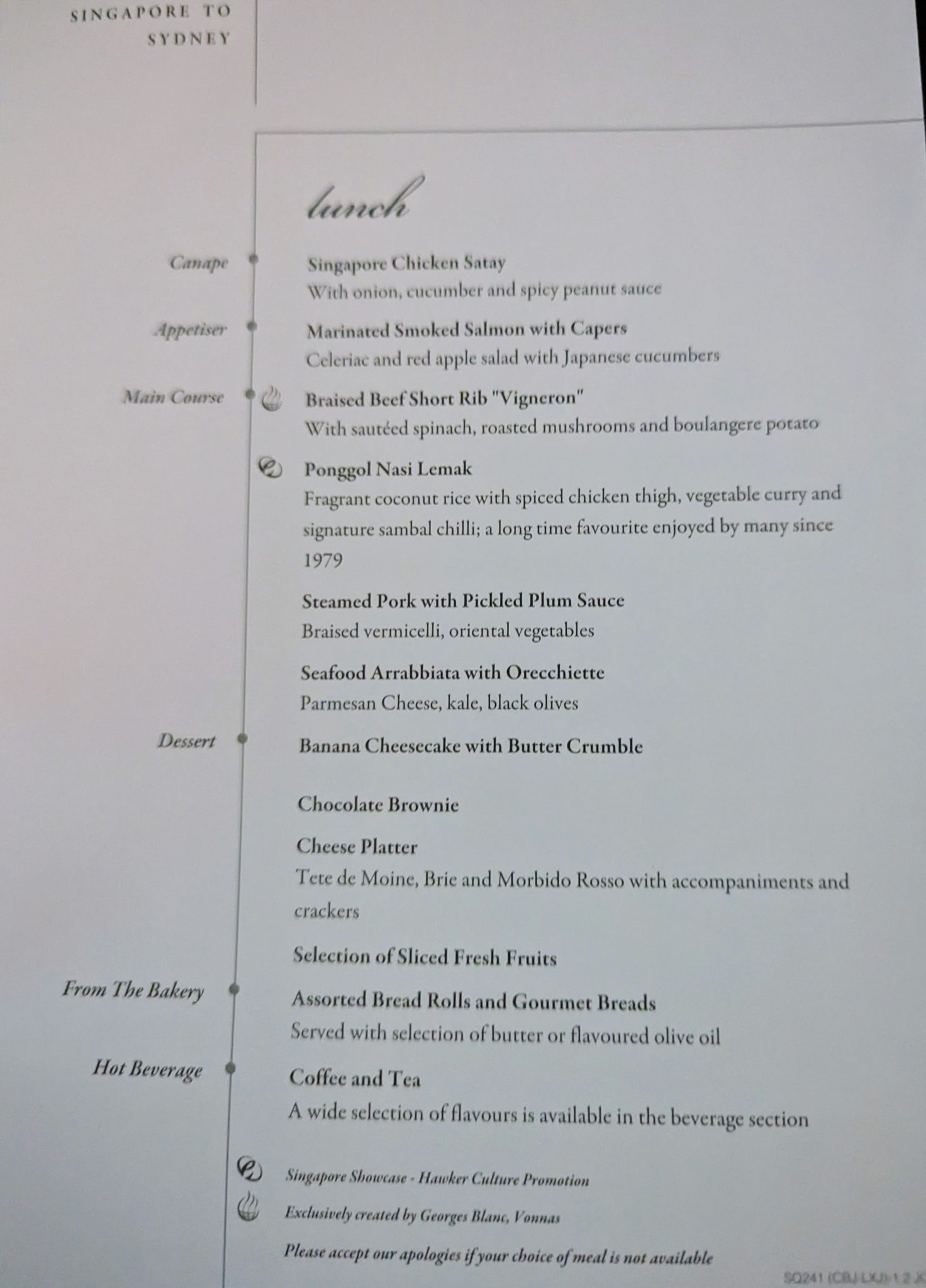 SQ business class menu