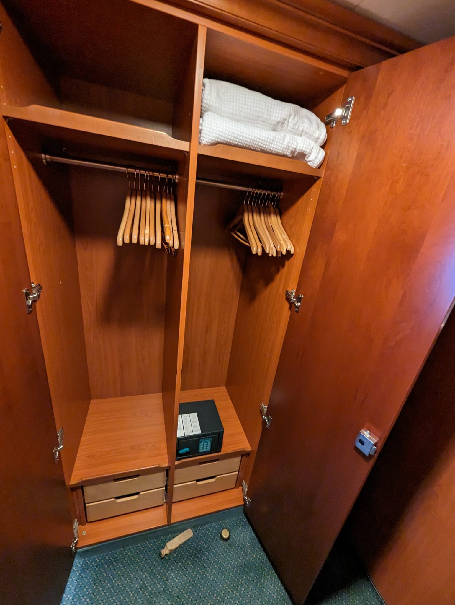 a closet with swingers and towels