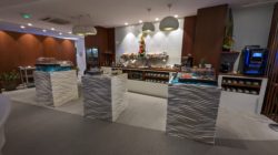 a room with a buffet and a counter