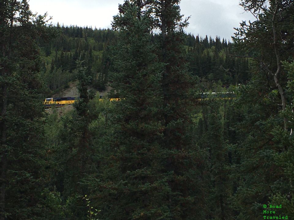 Alaska Railroad Denali Star train across from Denali Grizzly Bear Resort