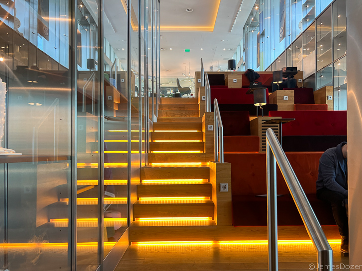 a staircase with lights on