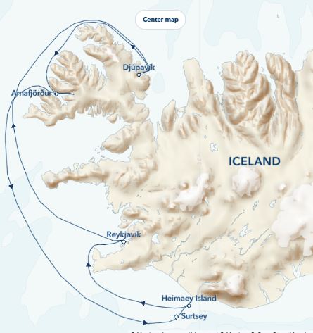 a map of iceland with a route