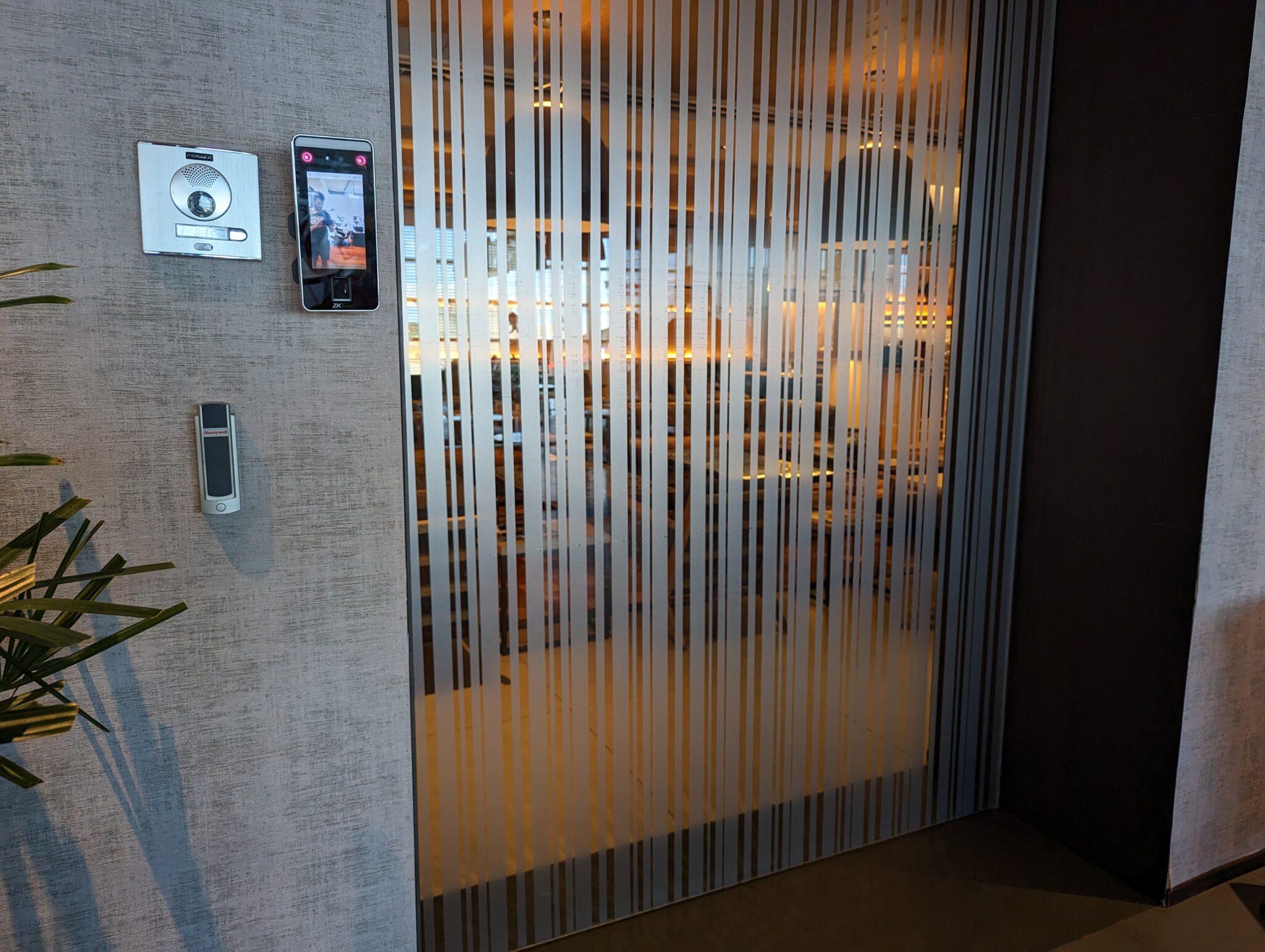 a room with a glass door