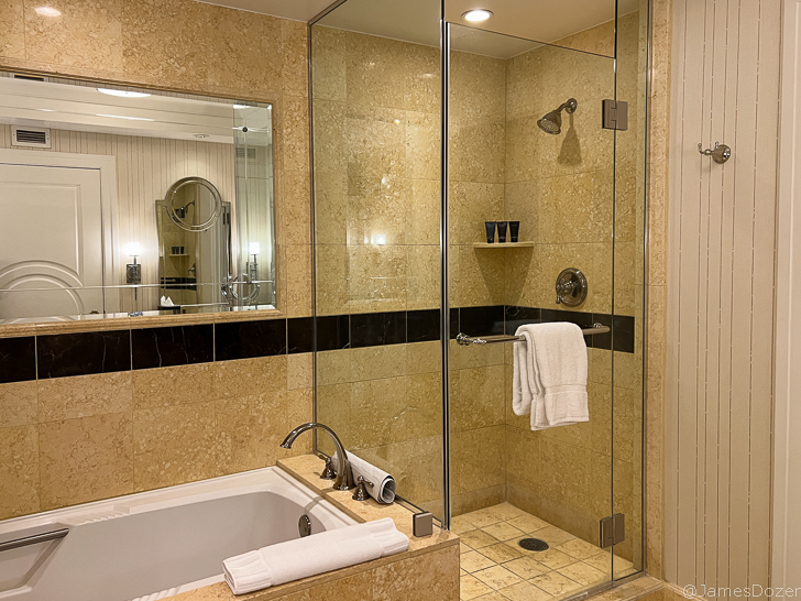 a bathroom with a shower and bathtub