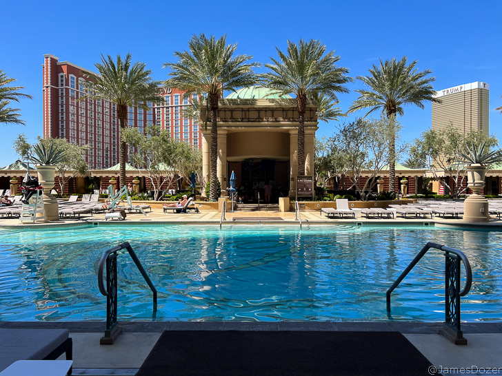 a pool with palm trees and a building in the background