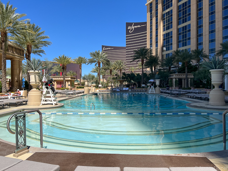 a pool with palm trees and buildings in the background