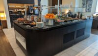 a buffet with food on it