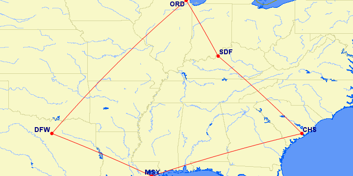 Flight map - DFW-ORD-SDF-CHS-MSY-DFW