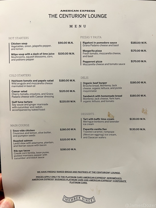 a menu with black text