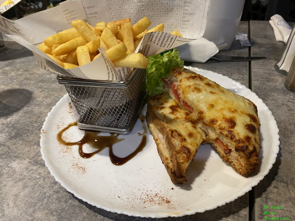 Croque Monsieur and fries at Papeete Airport restaurant