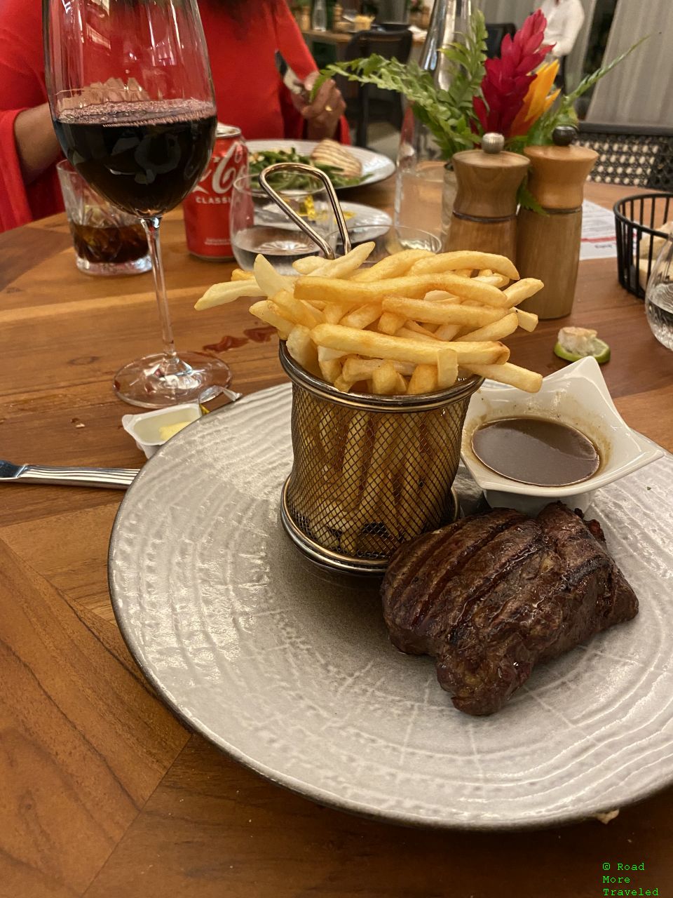 Steak dinner at the Hilton Hotel Tahiti
