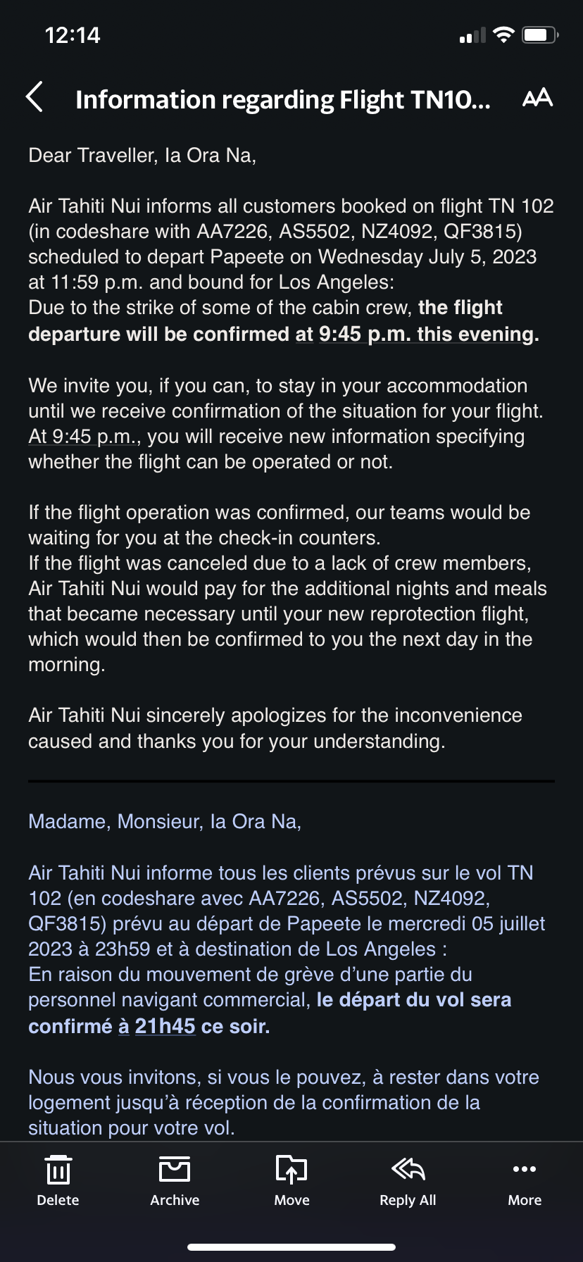 Air Tahiti Nui cabin crew strike - potential cancellation notice