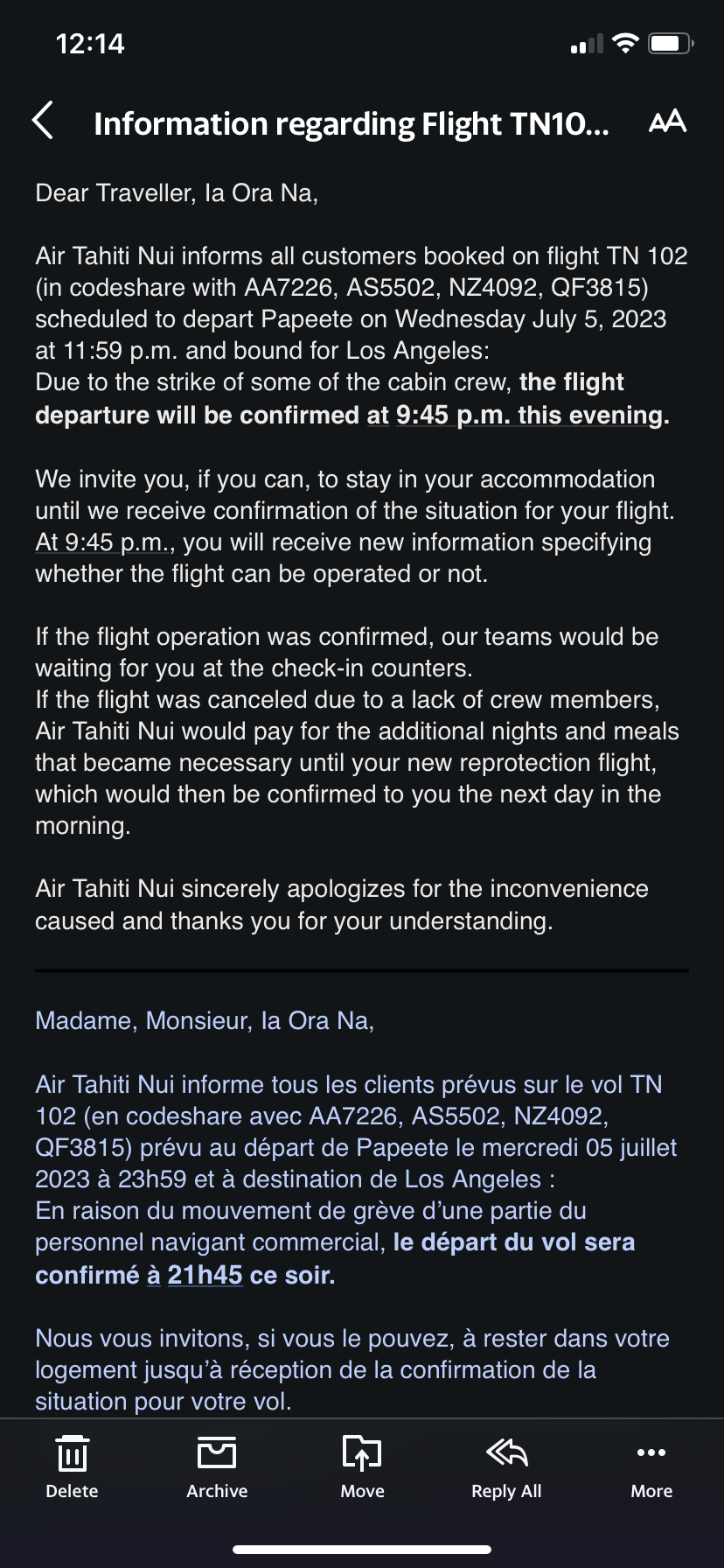 Air Tahiti Nui cabin crew strike - potential cancellation notice