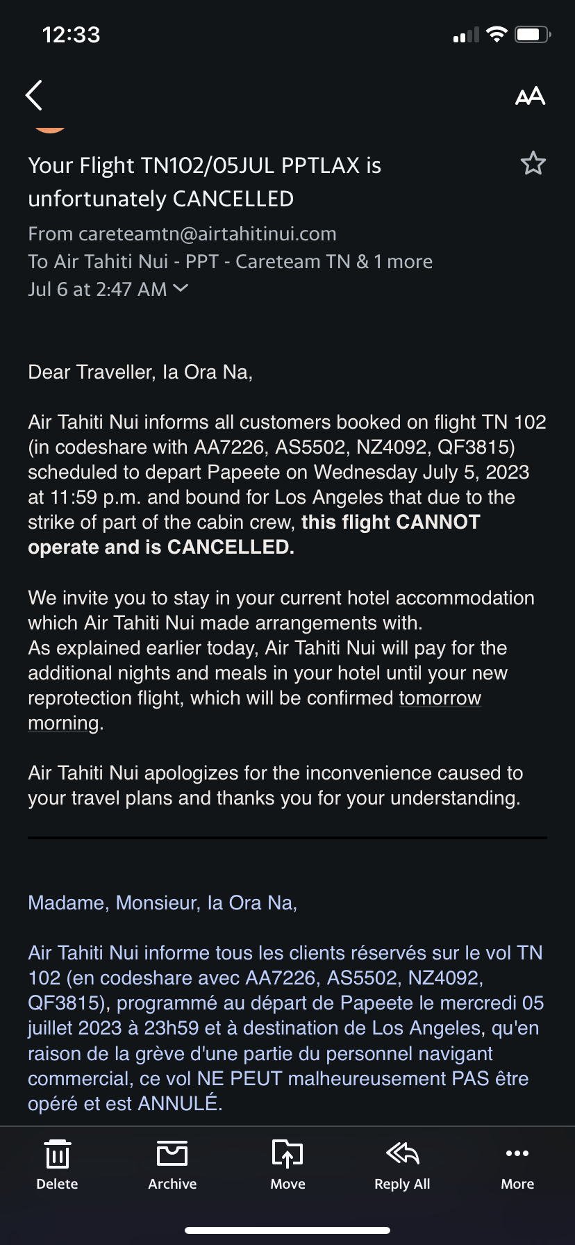 Air Tahiti Nui cabin crew strike - flight cancellation notice