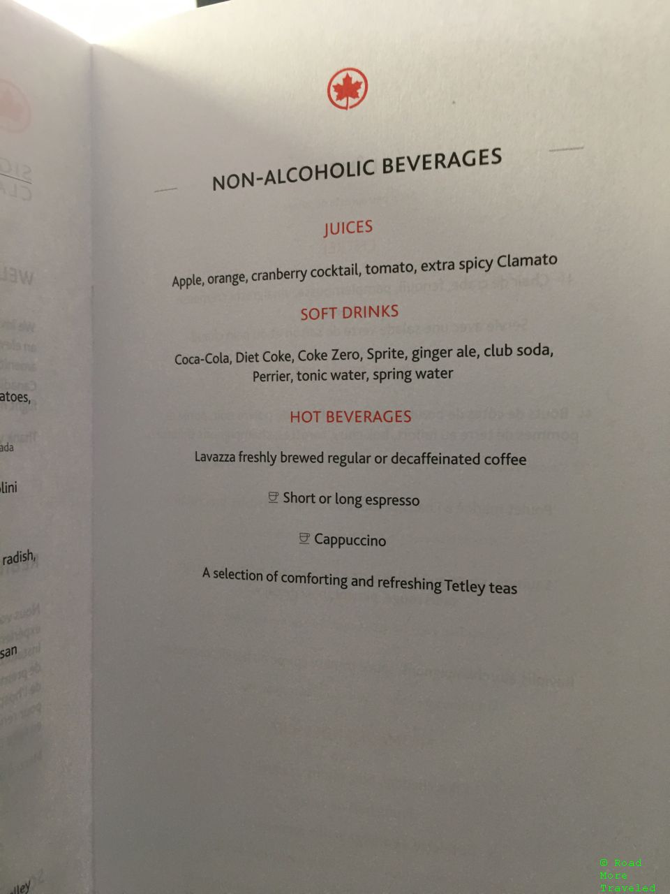 Air Canada B787-9 Business Class - soft drink and coffee menu