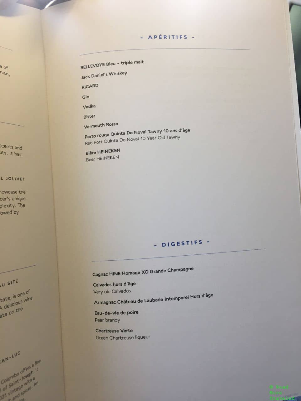 Air France Business Class liquor menu