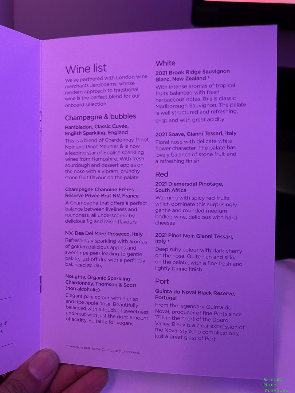 Virgin Atlantic A330-900neo Upper Class - wine list