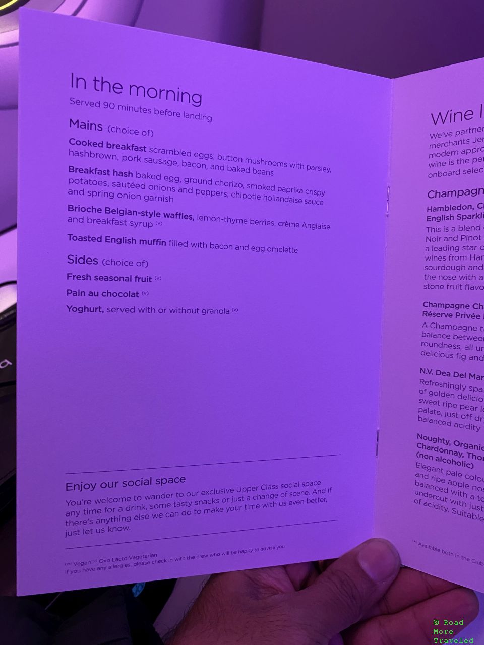 Virgin Atlantic A330-900neo Upper Class - breakfast menu