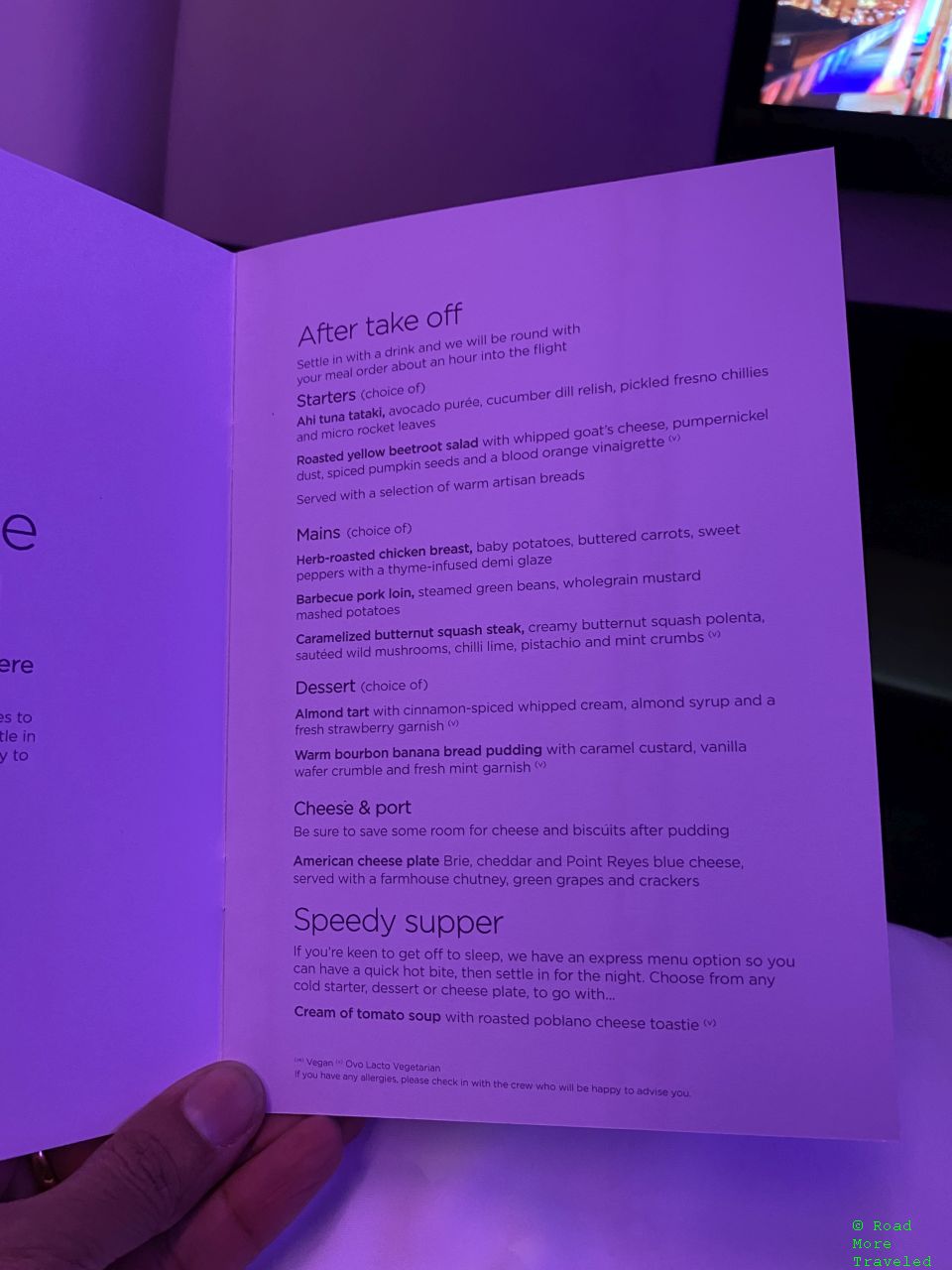 Virgin Atlantic Upper Class dinner menu