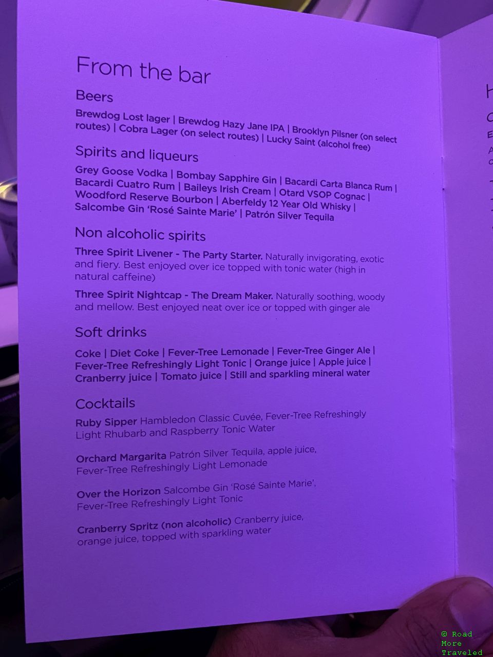 Virgin Atlantic Upper Class cold drinks menu