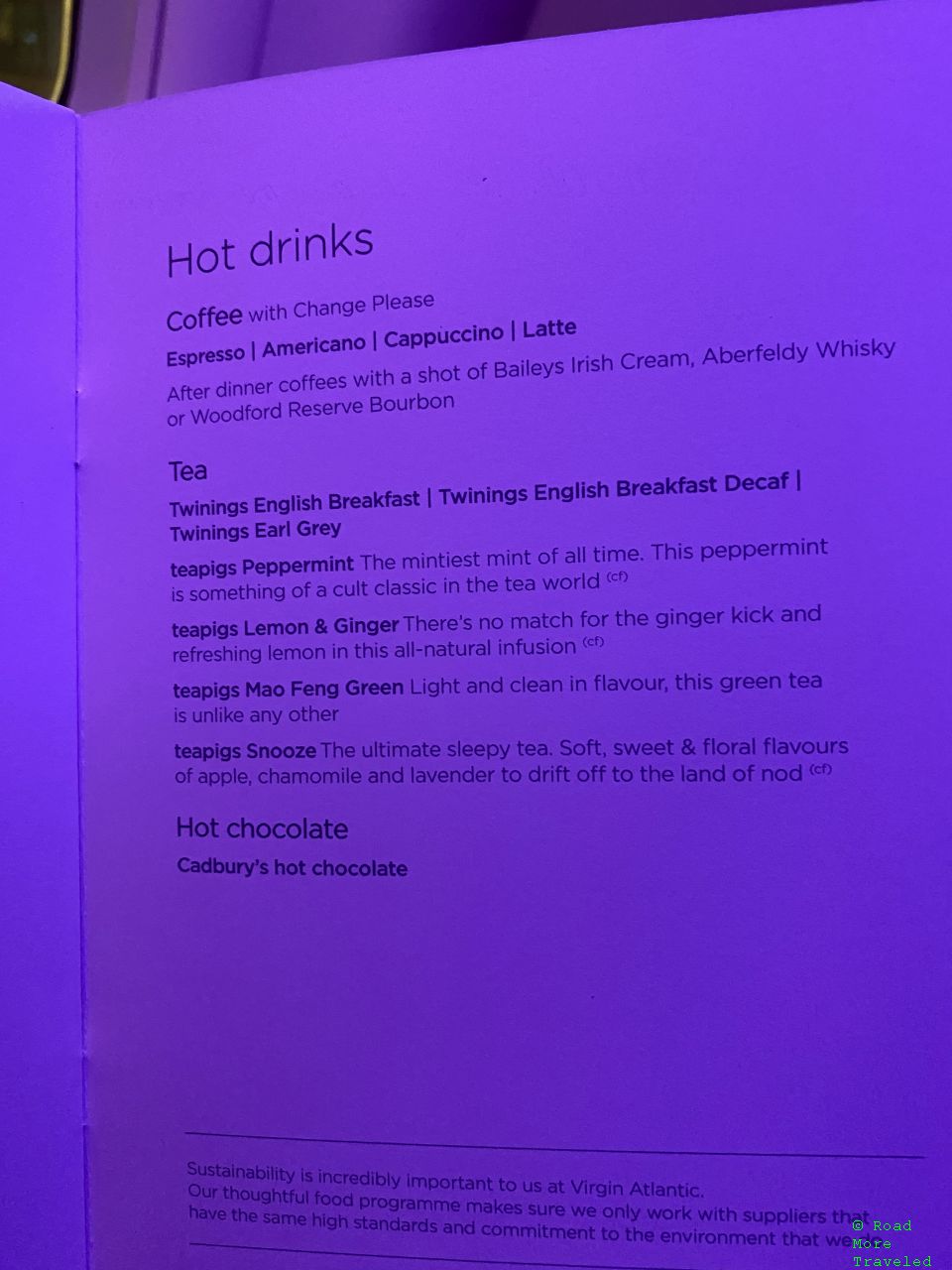 Virgin Atlantic Upper Class hot drinks menu