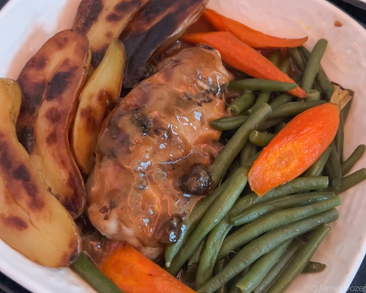 a plate of food with meat and vegetables