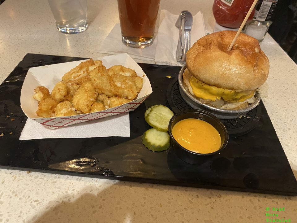 Burger and cheese curds at Stone Arch, MSP