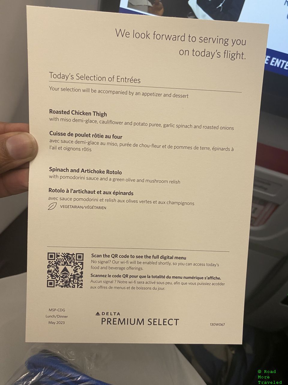 Delta A330-900neo Premium Select - dinner menu