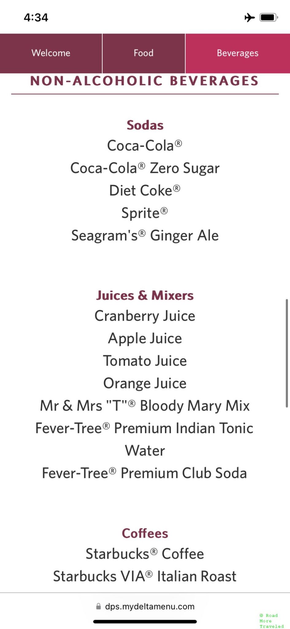 Delta Premium Select soft drink menu