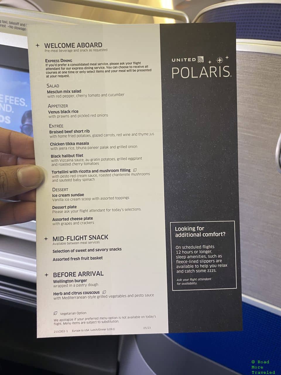 United 767-400 Polaris Business Class - food menu