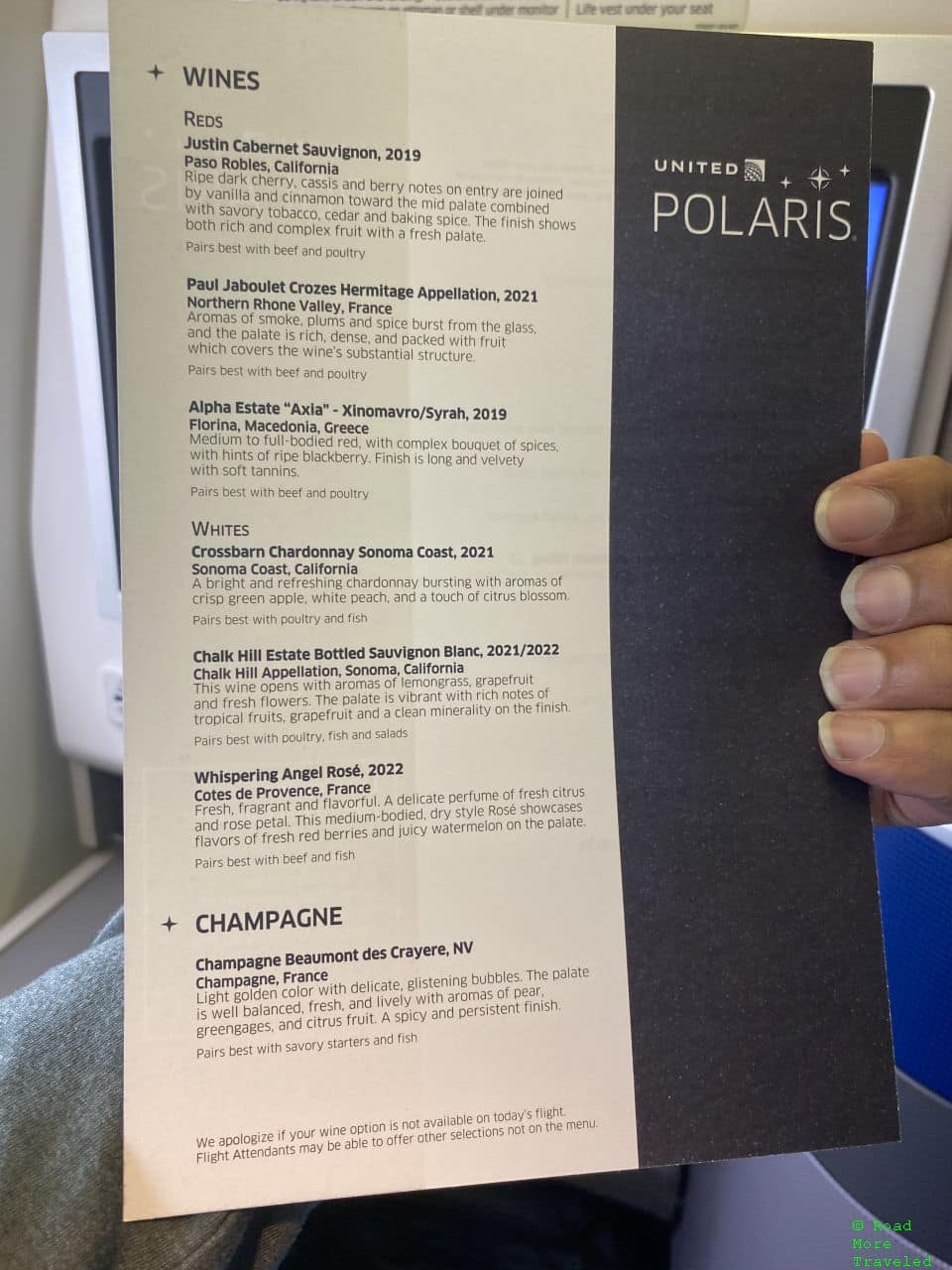 United 767-400 Polaris Business Class - wine list