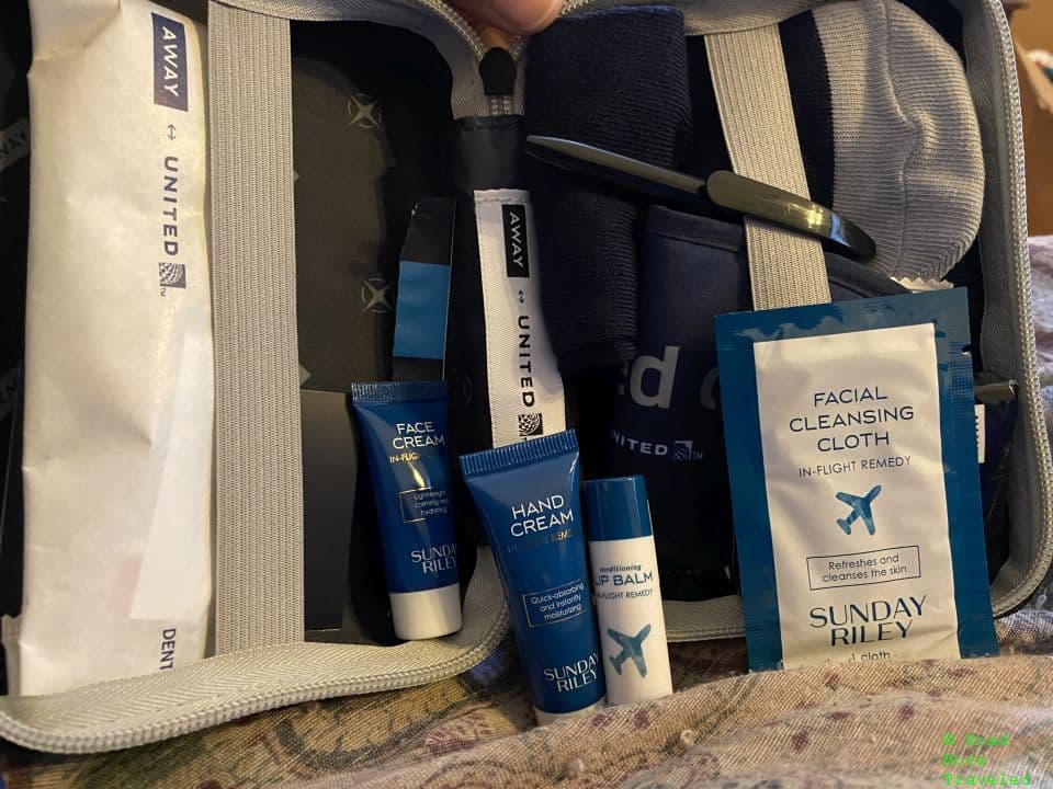 United Polaris Sunday Riley amenity kit contents