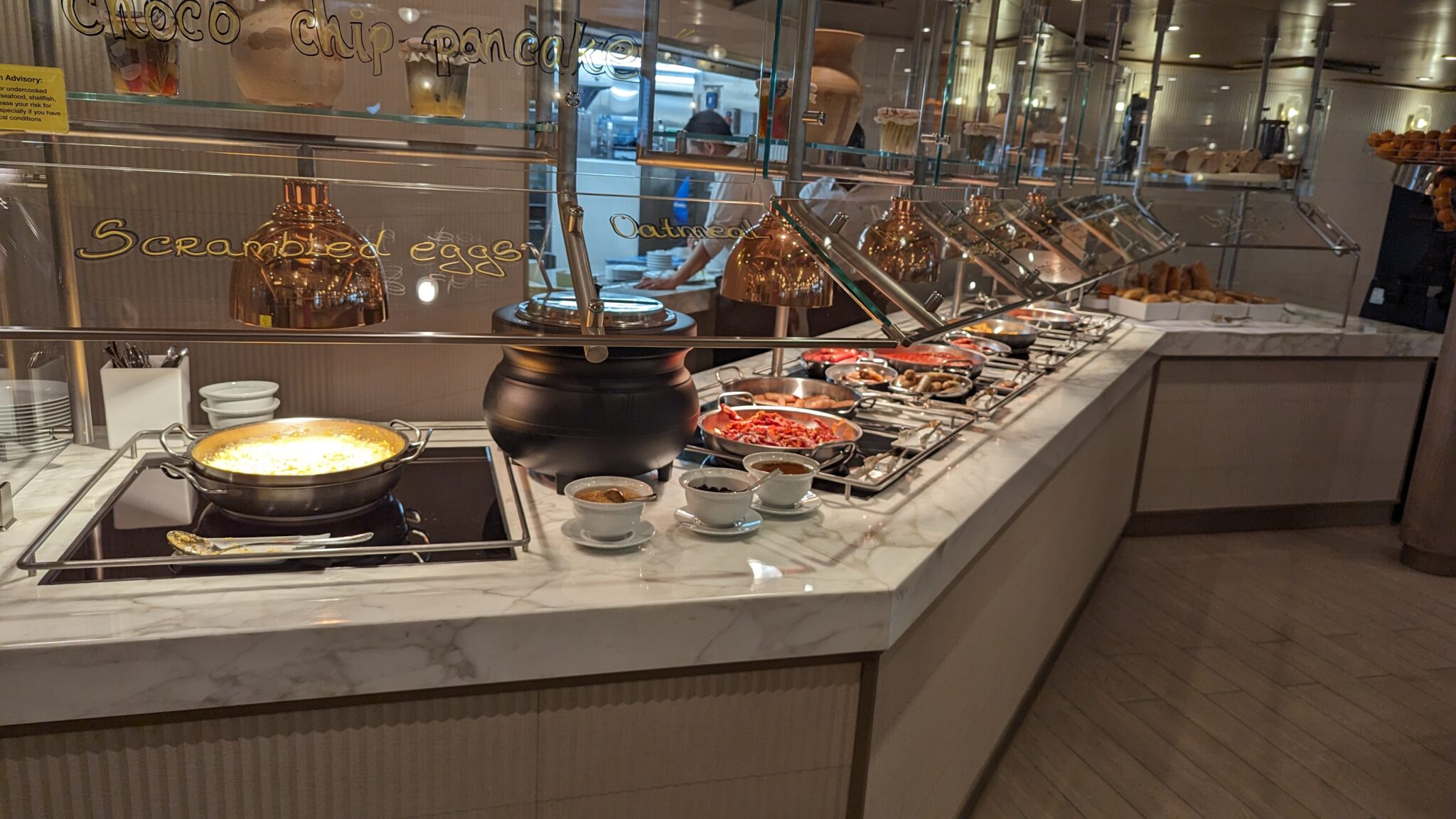 a buffet line of food