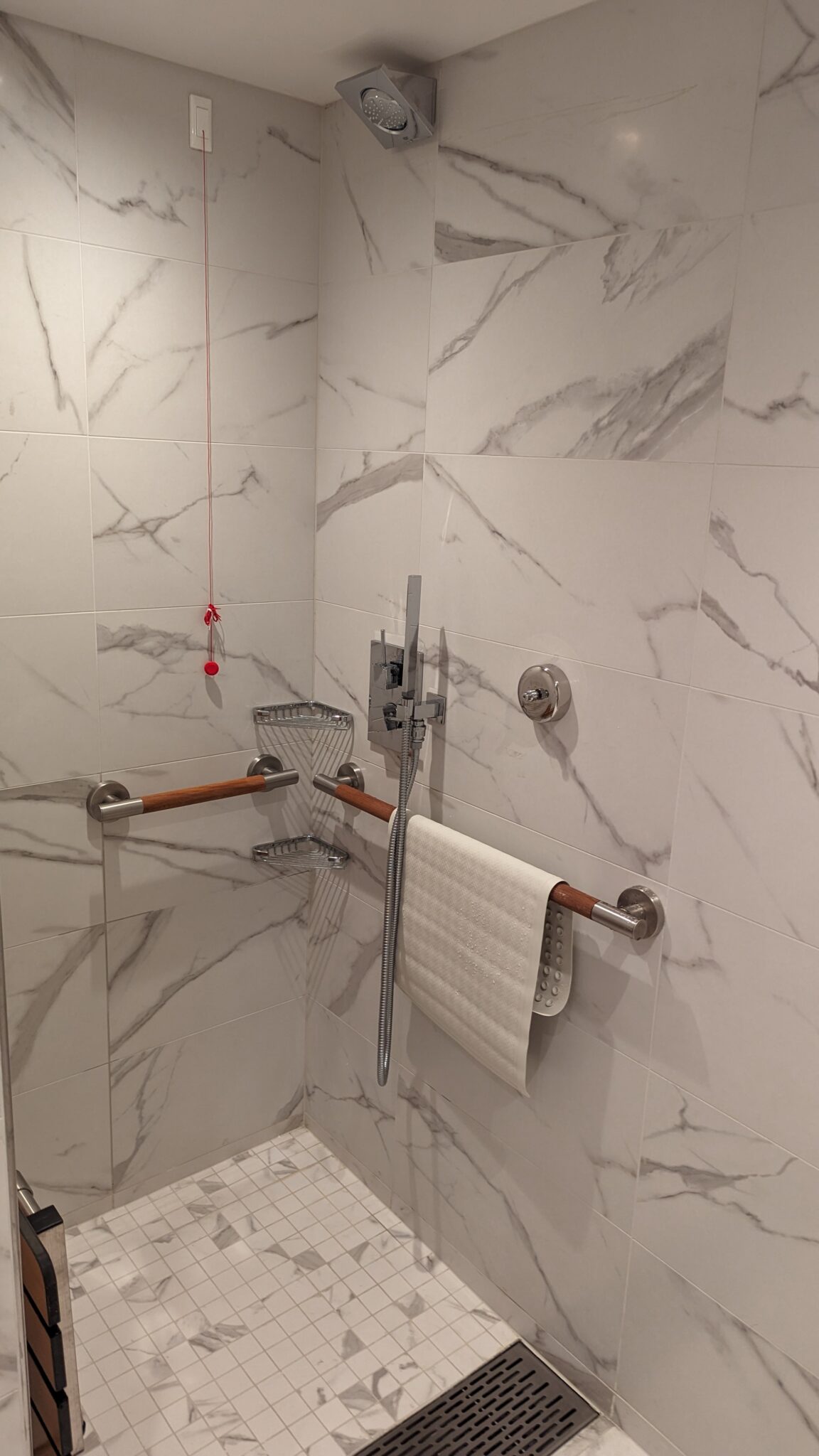 a shower with a towel rack and a towel holder