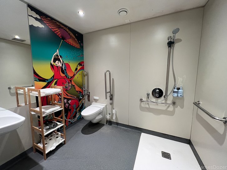 a bathroom with a wall mural and a toilet