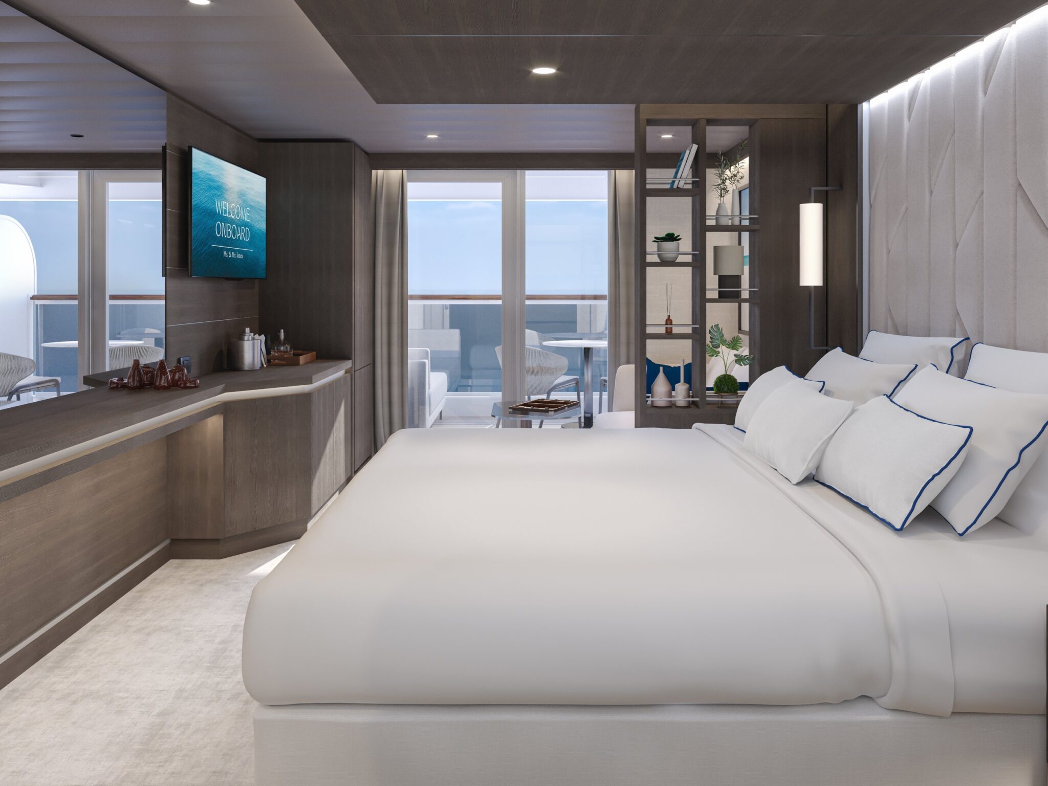 a bed with white sheets and pillows in a room with a television and a balcony
