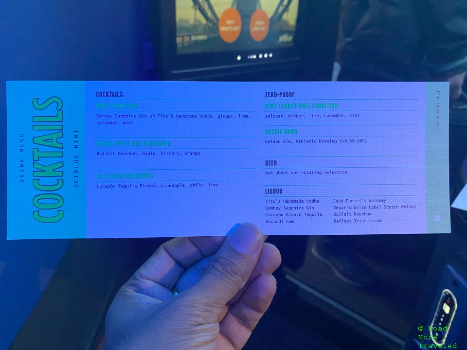 jetBlue A321neo Mint Business Class - beer, liquor, soft drinks, and cocktails